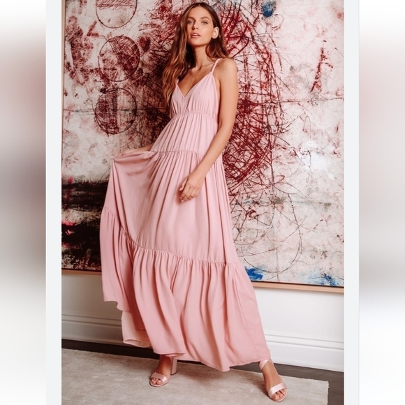 Lulus Sunshine Bound Mauve Pink Tiered Maxi Dress V Neck Adjustable Size Large - Picture 1 of 16